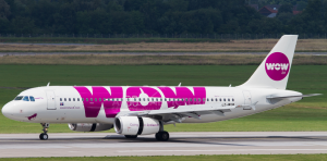 WOW Air plane with its bright purple logo