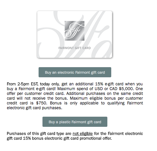 15% Bonus on Fairmont Gift Cards!
