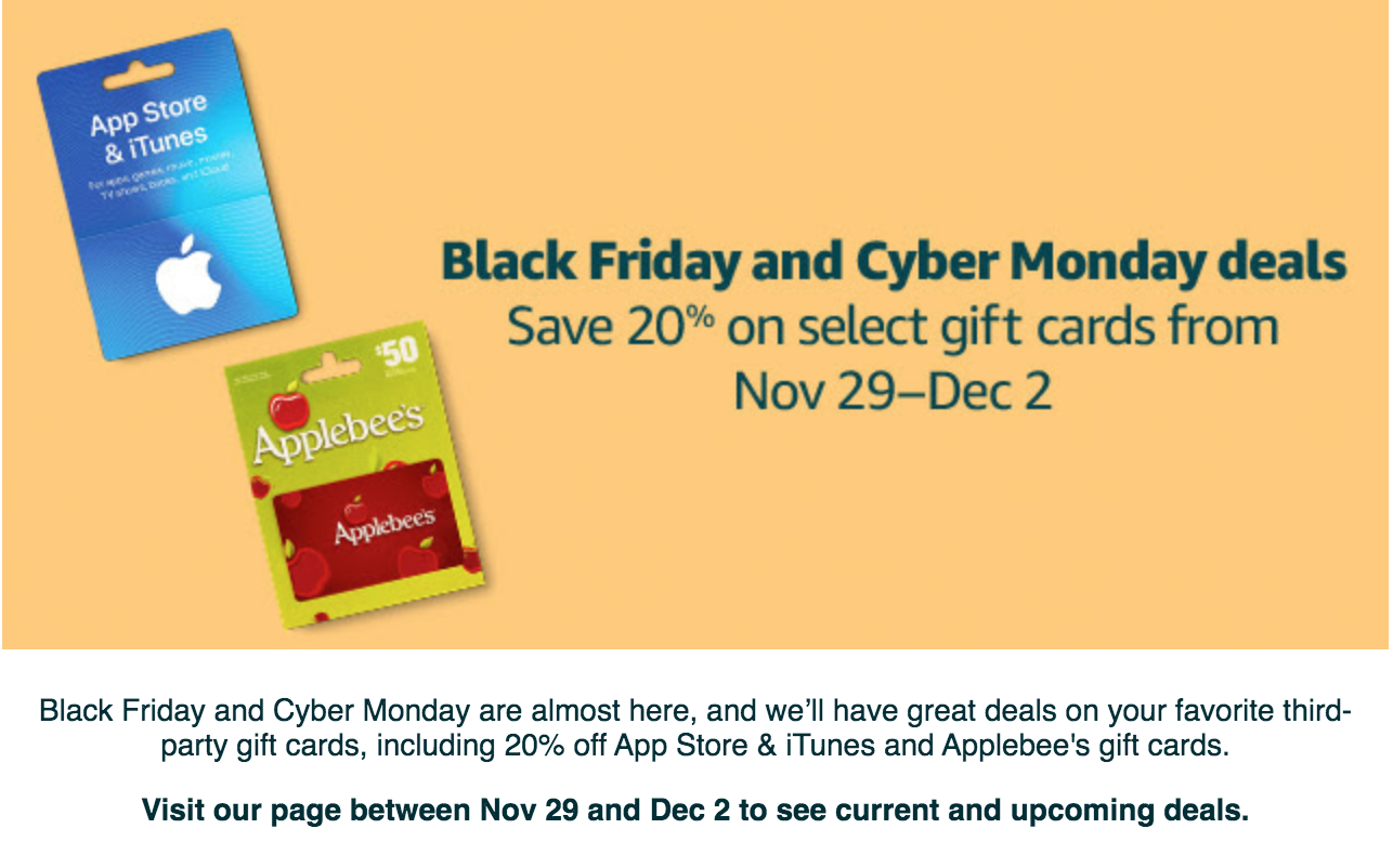 Cyber Monday Deal 20 off Many ThirdParty Gift Cards at Amazon