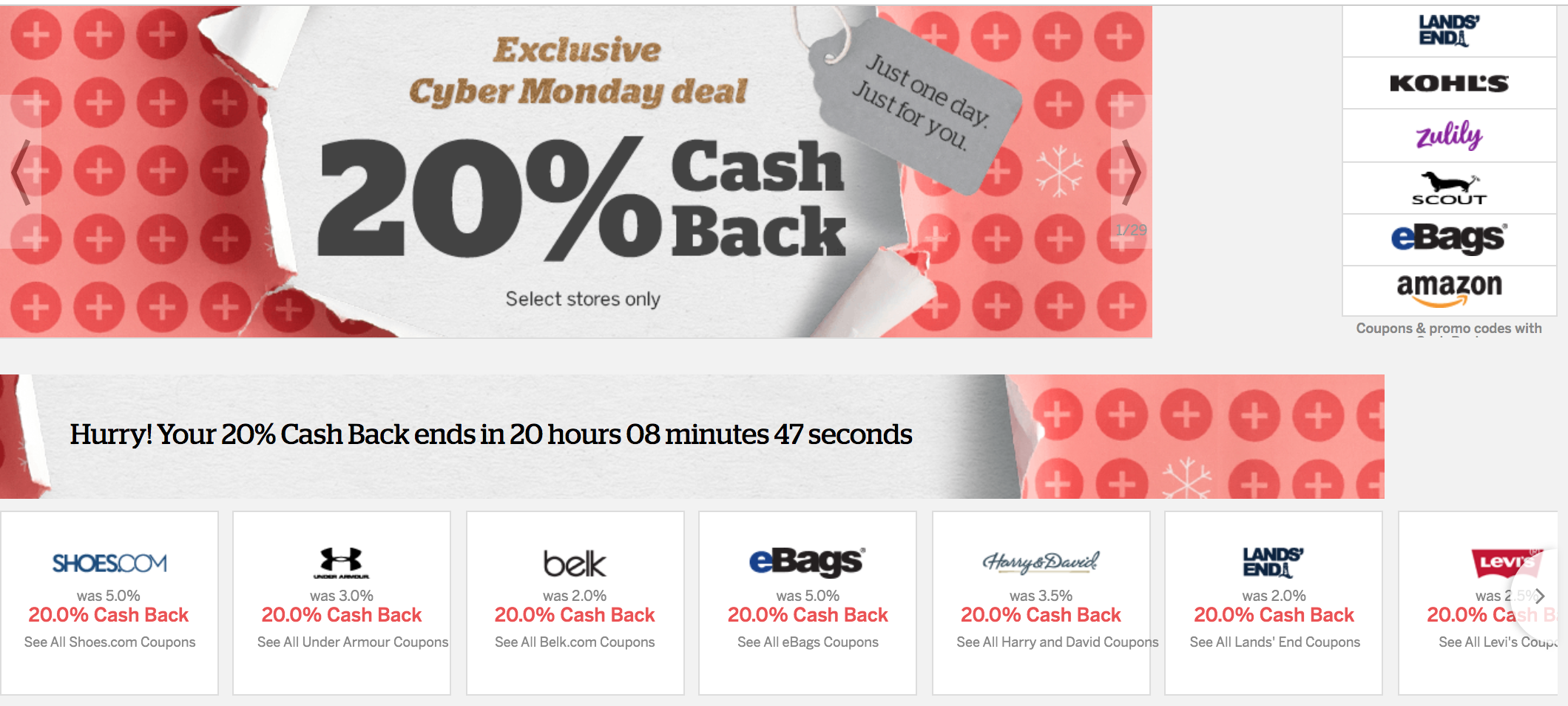 20 cash back at Rakuten / Ebates on Cyber Monday