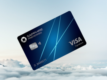a blue credit card with blue lines and white text
